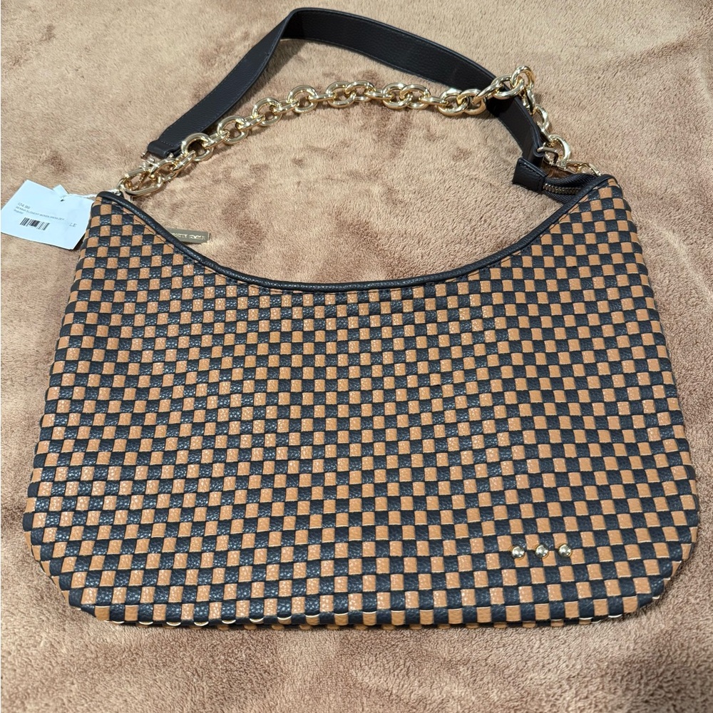 Checked Brown & Black Shoulder Bag with Gold Chain Accent
